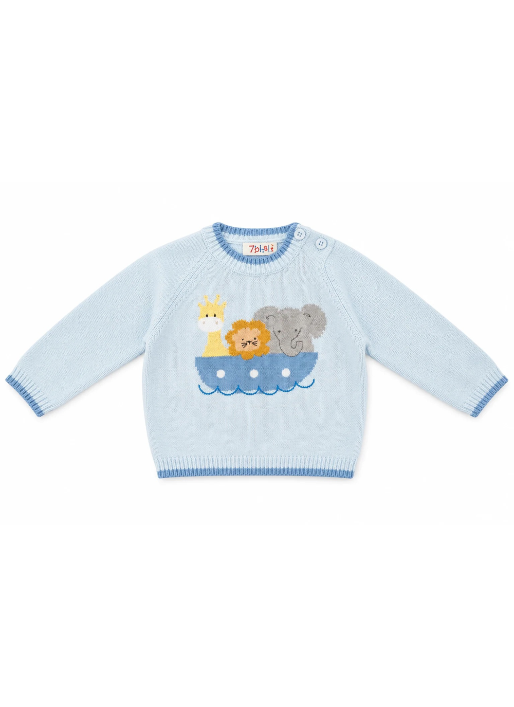 A light blue baby knit sweater with a cartoon boat graphic featuring a giraffe, lion, elephant, and blue waves. The sweater has ribbed cuffs, collar, and hem, and is photographed flat on a white background.