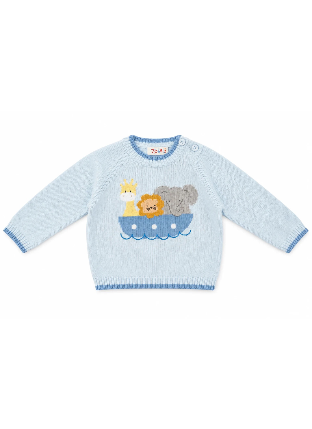 A light blue baby knit sweater with a cartoon boat graphic featuring a giraffe, lion, elephant, and blue waves. The sweater has ribbed cuffs, collar, and hem, and is photographed flat on a white background.