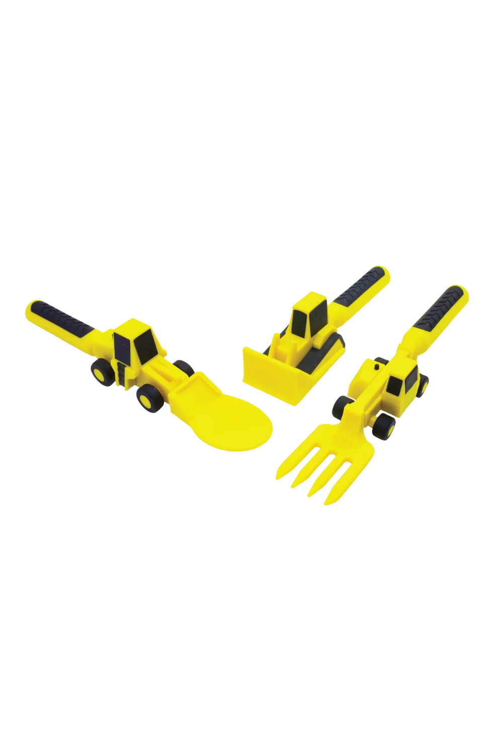 Set of yellow toy construction vehicles with a shovel, hoe, and fork on a white background