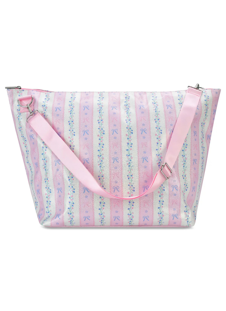 Tote bag with pink and blue striped pattern on a white background