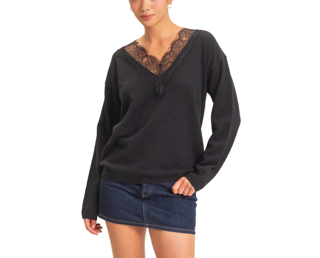 Elevate your everyday wardrobe with the Linda Lace Trim V-Neck Sweater. This refined piece features delicate lace detailing along the neckline, adding a touch of elegance to a timeless silhouette. The flattering V-neck design creates a lengthening effect, while the soft, quality knit provides all-day comfort. Perfect for layering or wearing solo, this versatile sweater transitions seamlessly from office to weekend. A wardrobe essential that pairs effortlessly with jeans, trousers, or skirts for countless st
