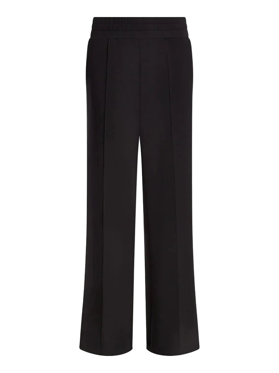 Black wide-leg cropped trousers with a pleated front and elastic waistband, shown on a light gray background.