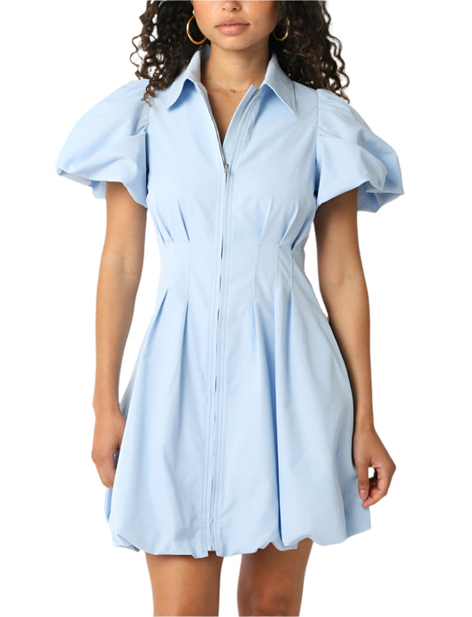 Our Melissa Dress features a zipper front and a short bubble sleeves