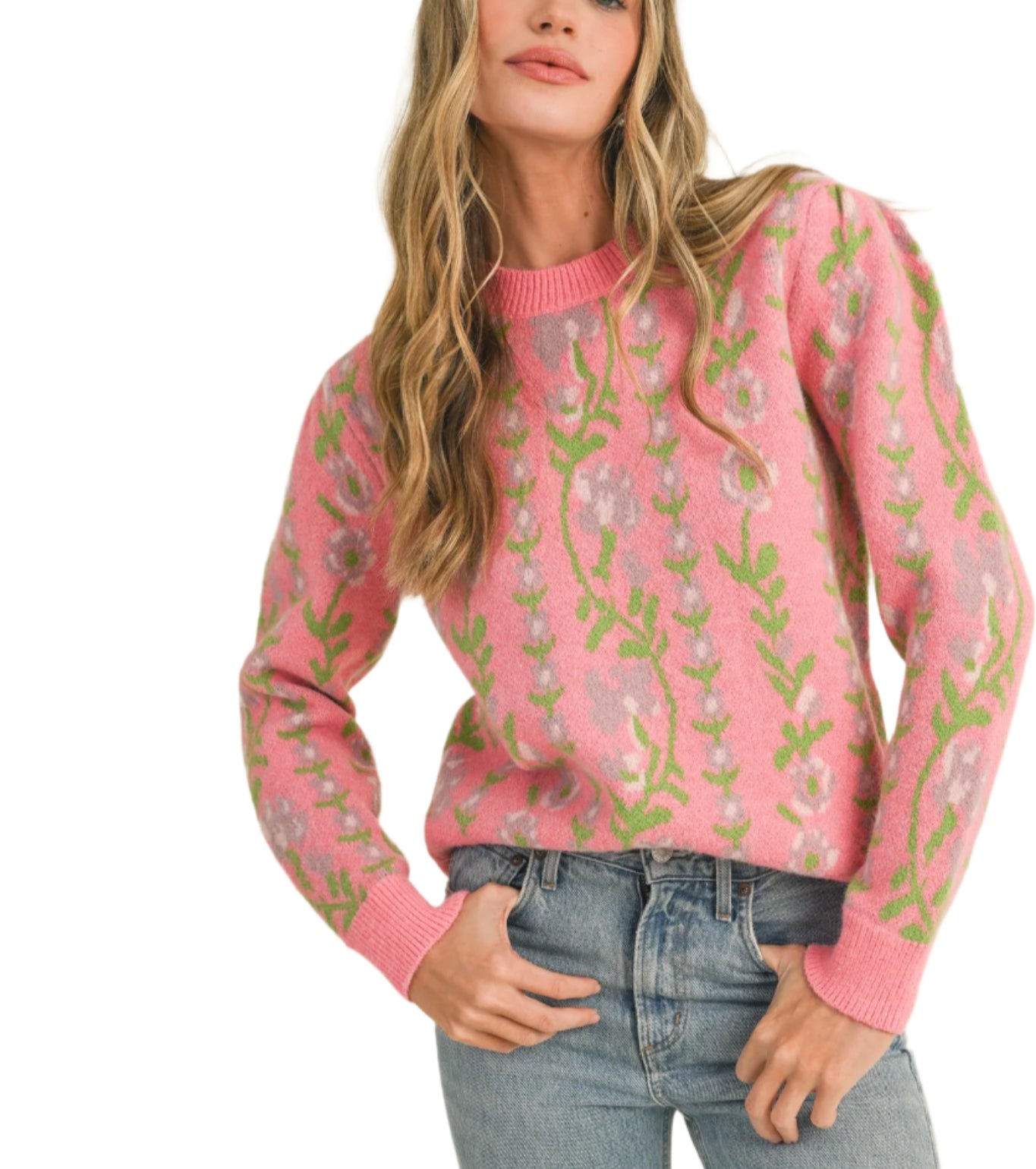 Floral knit pattern sweater
+ Ribbed round neckline
+ Floral knit pattern
+ Ribbed edges
+ Relaxed fit