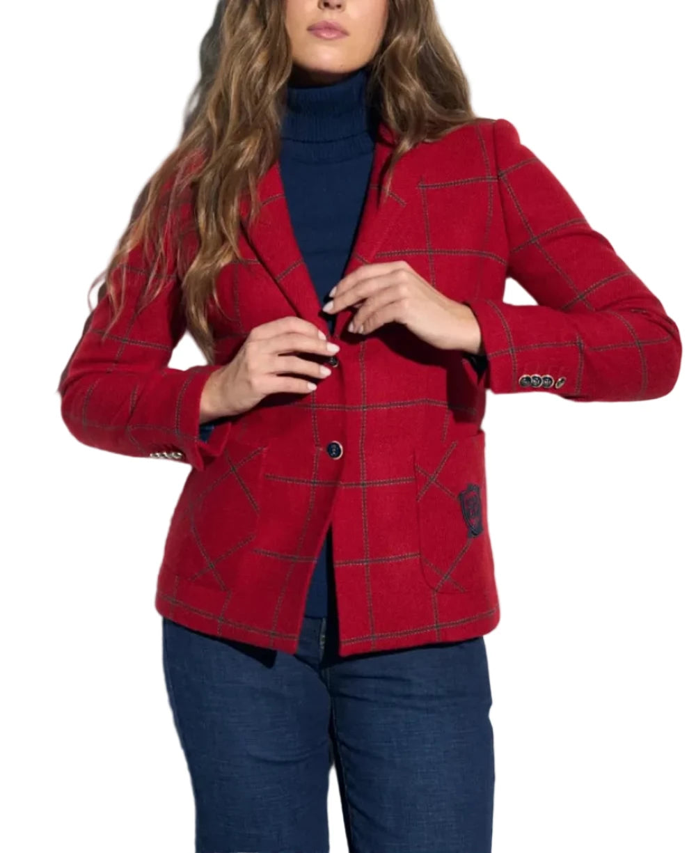 Fitted plaid blazer. Notched lapel collar with velvet detail. Two-button front closure. Patch pockets with embroidered detail. Long sleeves with faux button closure and a slight slit. Straight hem.