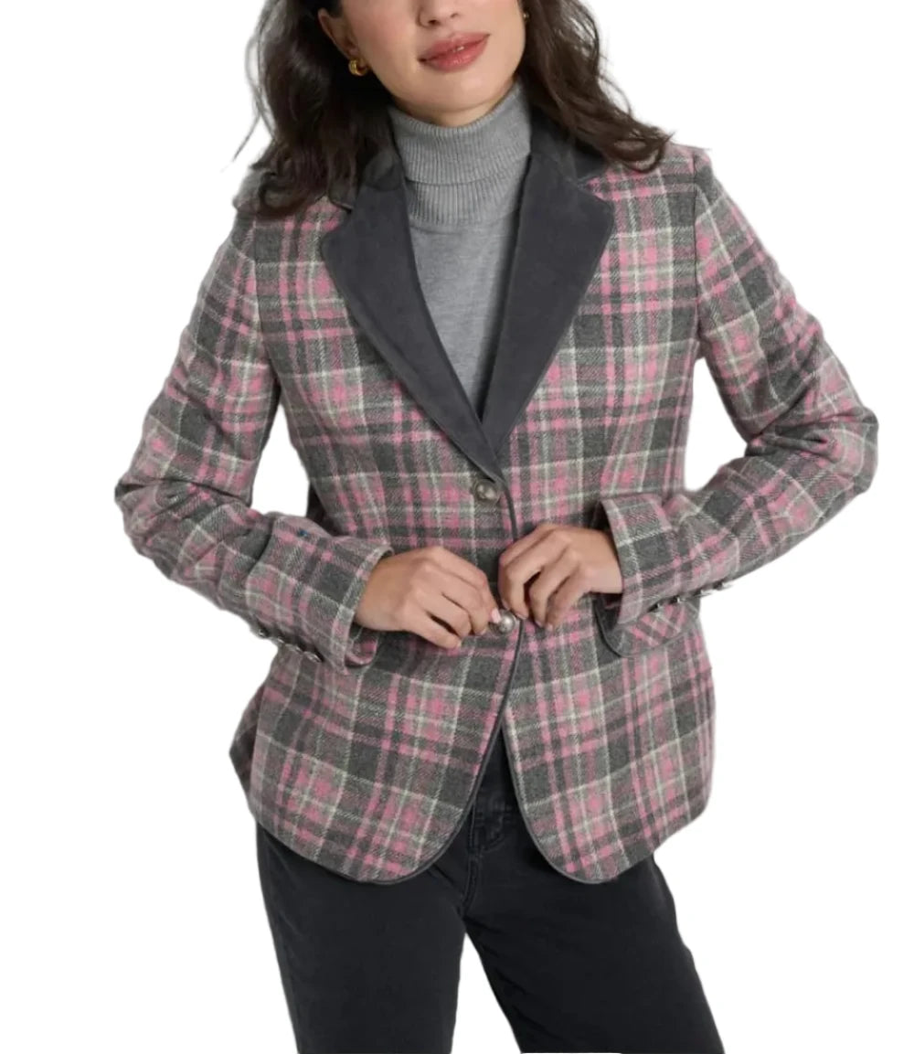 Plaid blazer. Contrasting plain velvet notched lapel collar. Jewel button closure. Long sleeves with decorative buttons. Rounded hem. Faux front flap pockets.