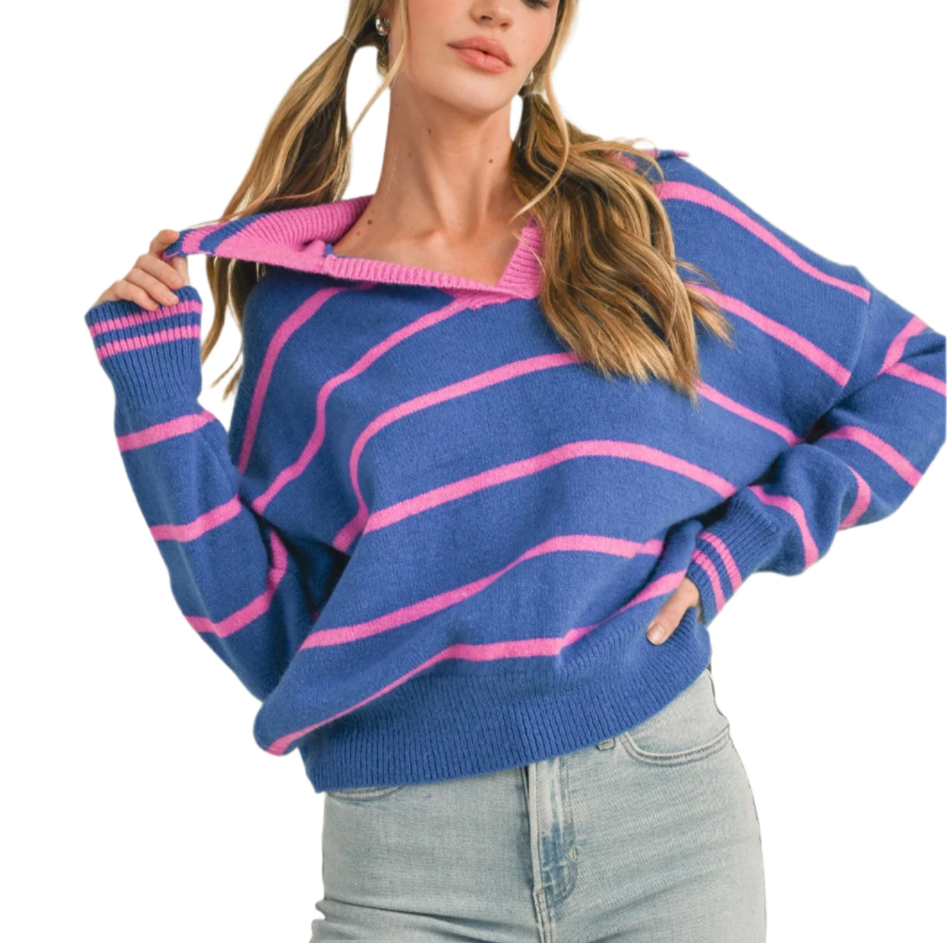 + Striped collared sweater
+ V-neck with collar
+ Drop shoulder long sleeves
+ Slouchy relaxed fit pullover
+ Ribbed neckline, cuffs, and hem