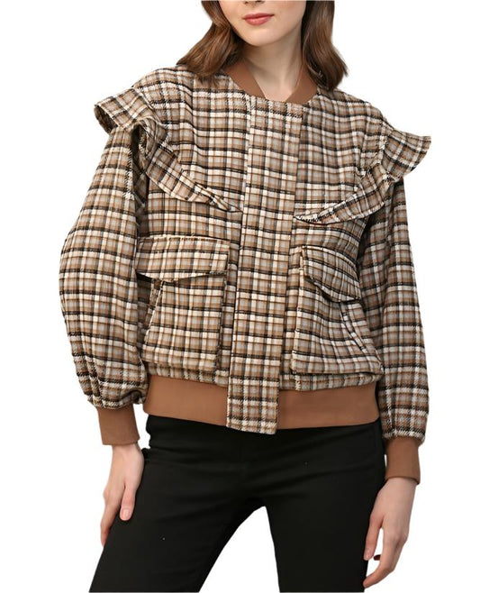 Plaid Bomber Jacket with ruffle detail on the shoulders, perfect for fall!&nbsp;