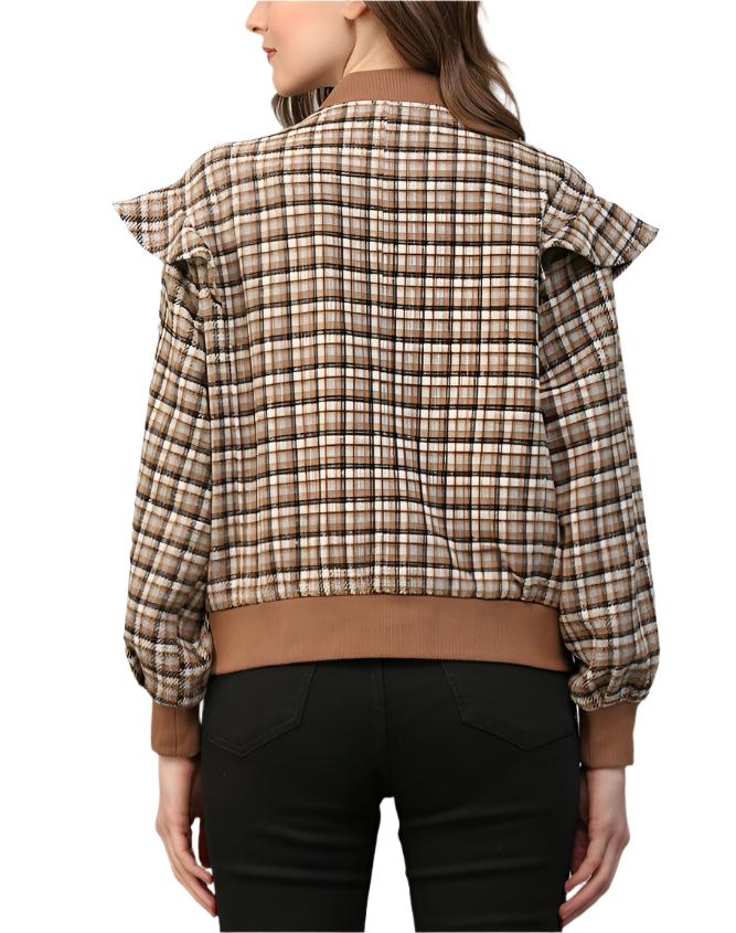 Plaid Bomber Jacket with ruffle detail on the shoulders, perfect for fall!&nbsp;