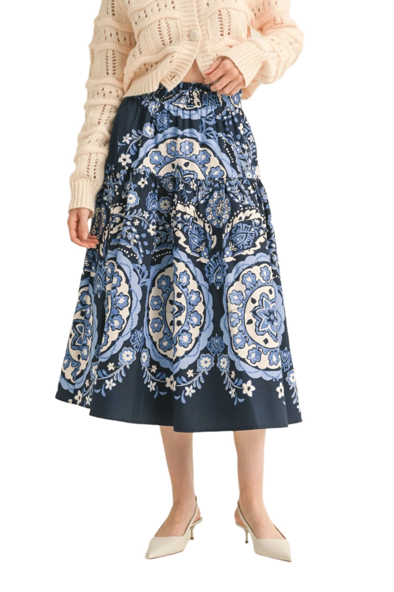 &nbsp;Printed high rise midi skirt + Smocked elastic waistband with ruffle trim + High rise fit + Tiered seam + Pockets + Lined&nbsp;