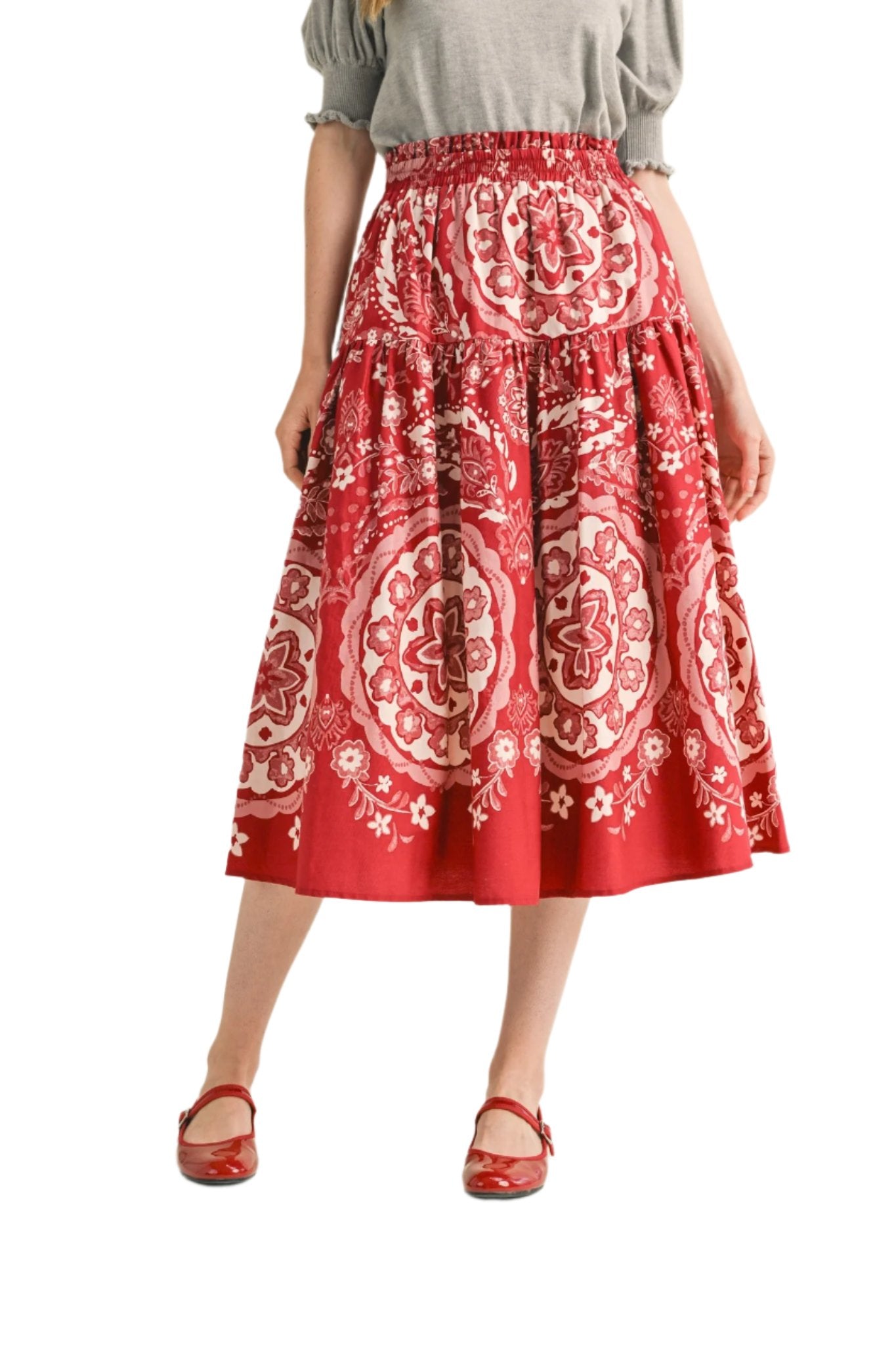 &nbsp;Printed high rise midi skirt + Smocked elastic waistband with ruffle trim + High rise fit + Tiered seam + Pockets + Lined&nbsp;