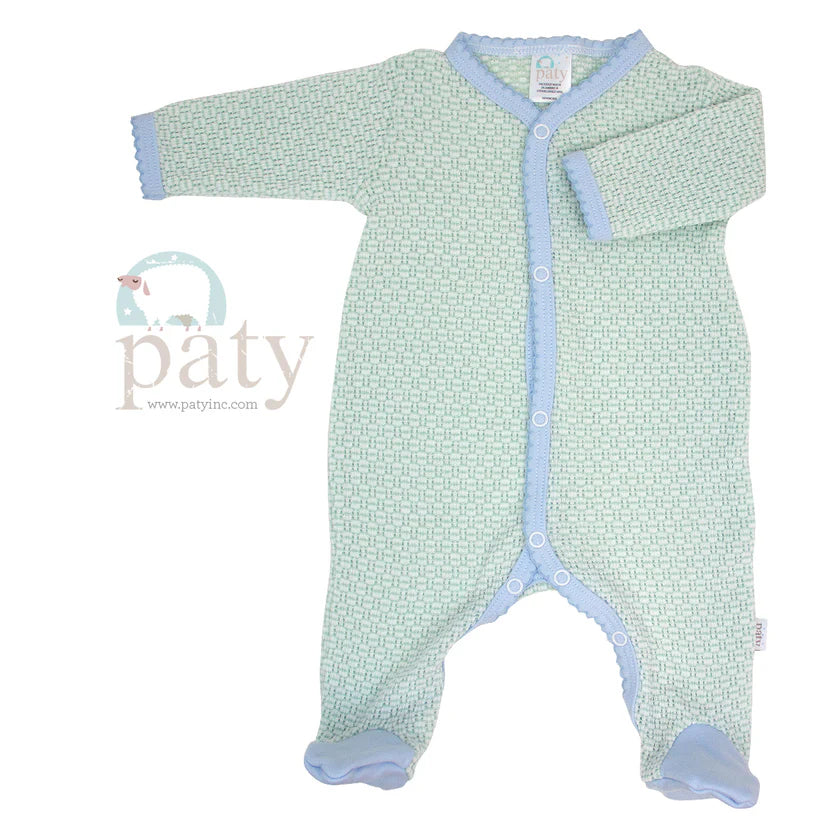 Solid, Pinstripe Long Sleeve Footie with Pima Trim by Paty - Pickering Boxwood
