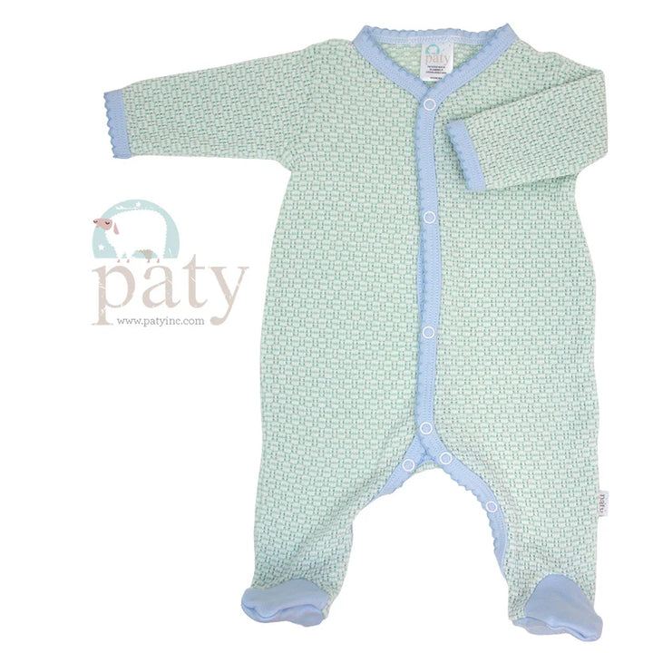Solid, Pinstripe Long Sleeve Footie with Pima Trim by Paty - Pickering Boxwood