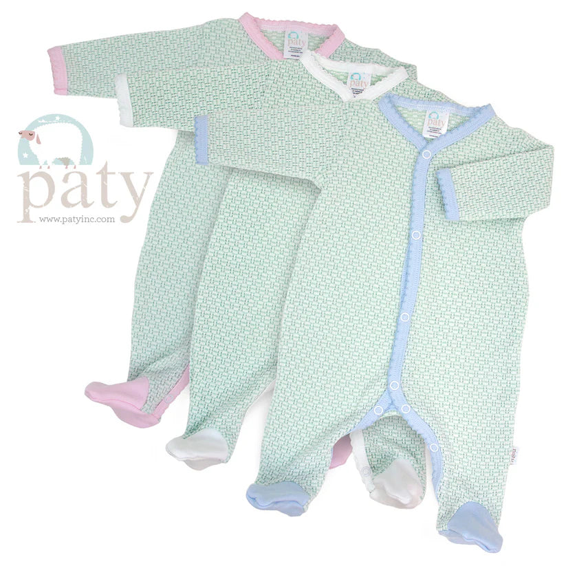 Solid, Pinstripe Long Sleeve Footie with Pima Trim by Paty - Pickering Boxwood