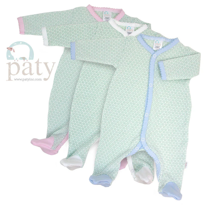 Solid, Pinstripe Long Sleeve Footie with Pima Trim by Paty - Pickering Boxwood