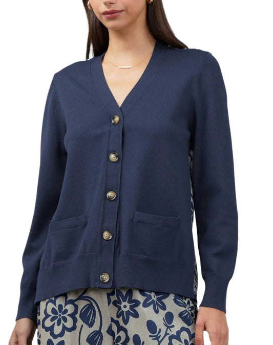 Bess Button Down Cardigan with Woven Back in Blue Multi