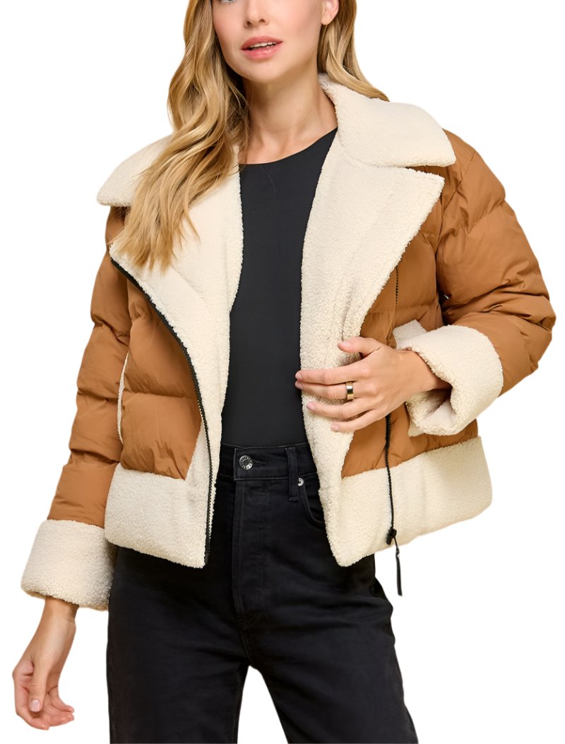 Padded puffer jacket with a sherpa trim, side pockets and an asymmetrical zipper closure.