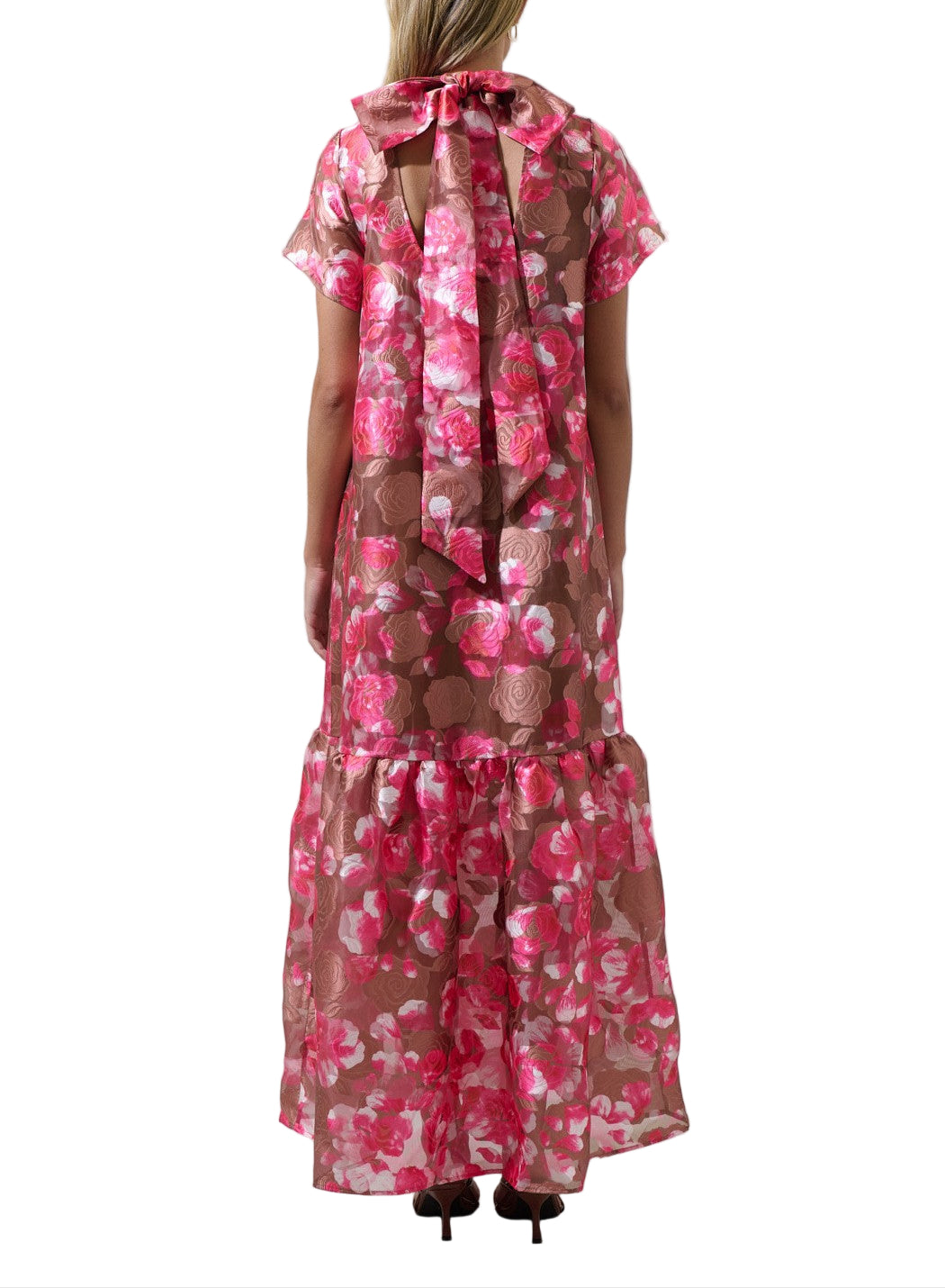 The Mersin Floral Dime Organza Maxi Dress will have you feeling like a princess. The lightweight organza sheer lays on top of an adustable spaghetti strap cami dress.