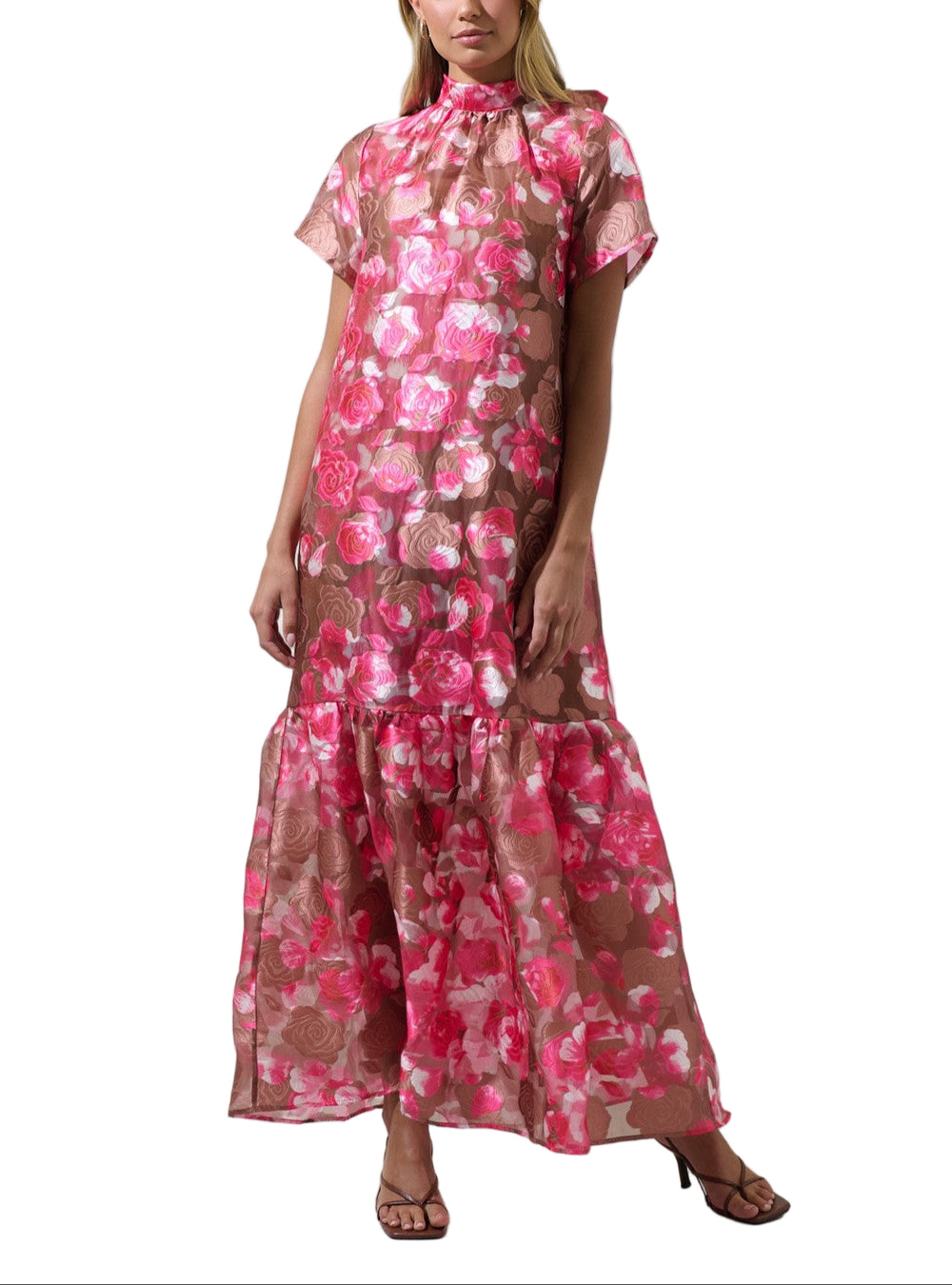 The Mersin Floral Dime Organza Maxi Dress will have you feeling like a princess. The lightweight organza sheer lays on top of an adustable spaghetti strap cami dress.