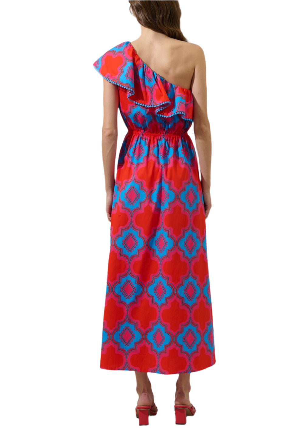 Vacation dressing made easier with the Devany Mix Media Suraya One Shoulder Midi Dress. A creative and cute pattern shapes the Suraya dress with a ruffle one shoulder look. A stretchy elastic band at waist give it more comfort. Pair it with heels or sandals to give off a pretty look. 
