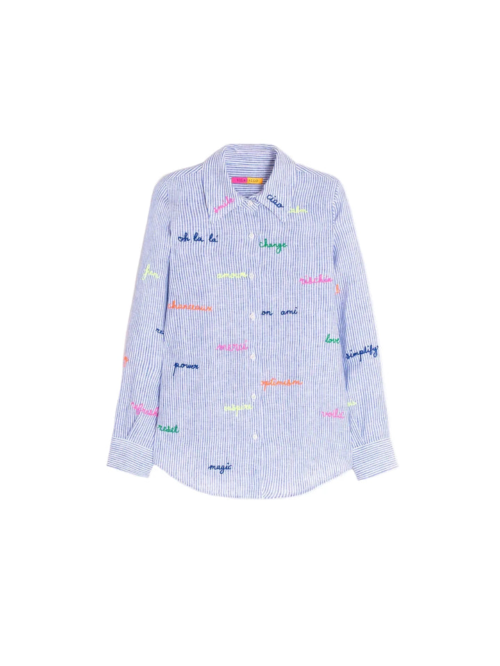Blue Striped Embroidered Top by Vilagallo