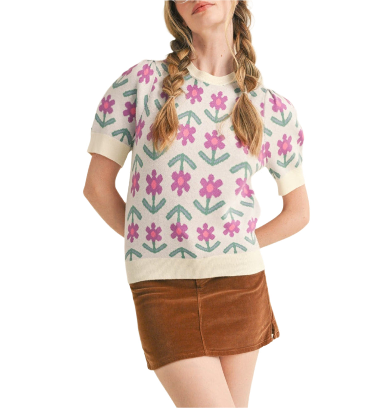 Short Sleeve Floral Knit Sweater