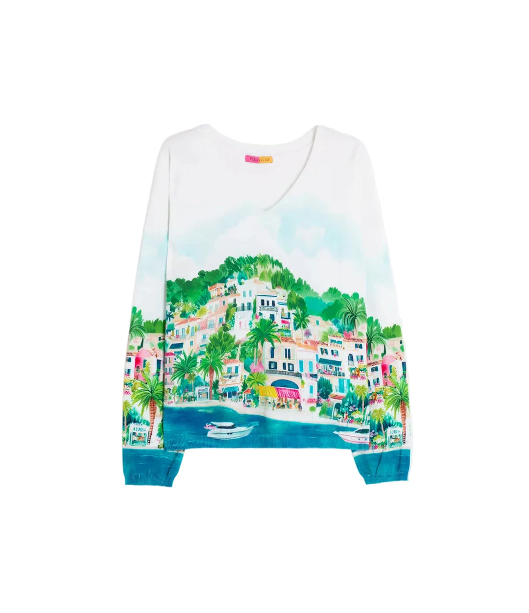 Sweatshirt with a colorful coastal scene design on a white background