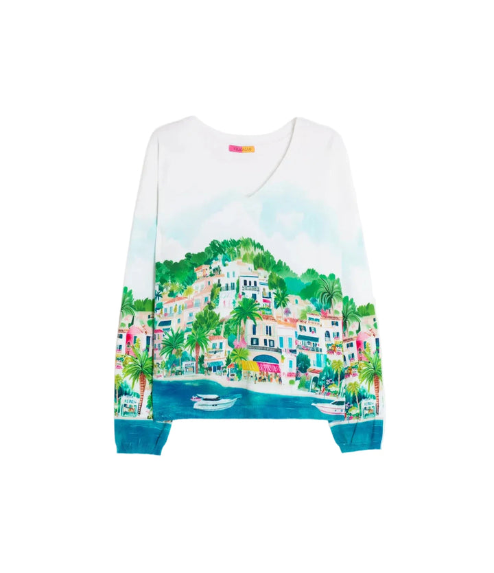 Sweatshirt with a colorful coastal scene design on a white background