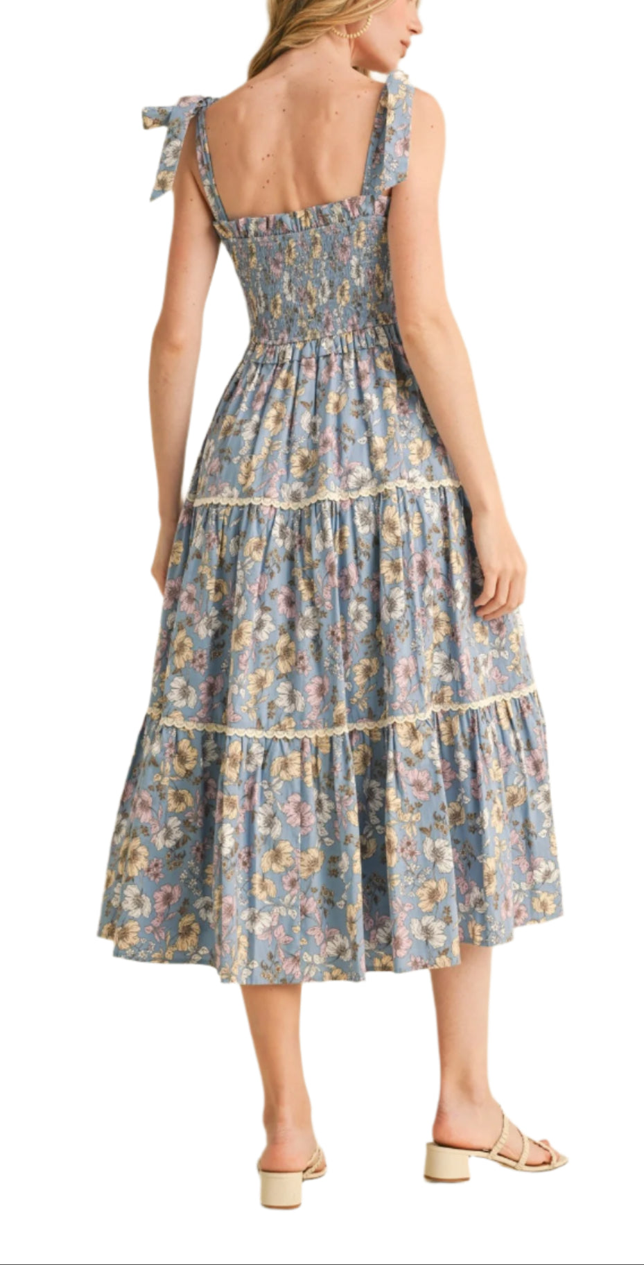 + Floral ruffled lace trim midi dress
+ &merci exclusive print
+ Smocked elastic bodice with ruffle hem
+ Ruffled sweetheart neckline
+ Wide tying straps