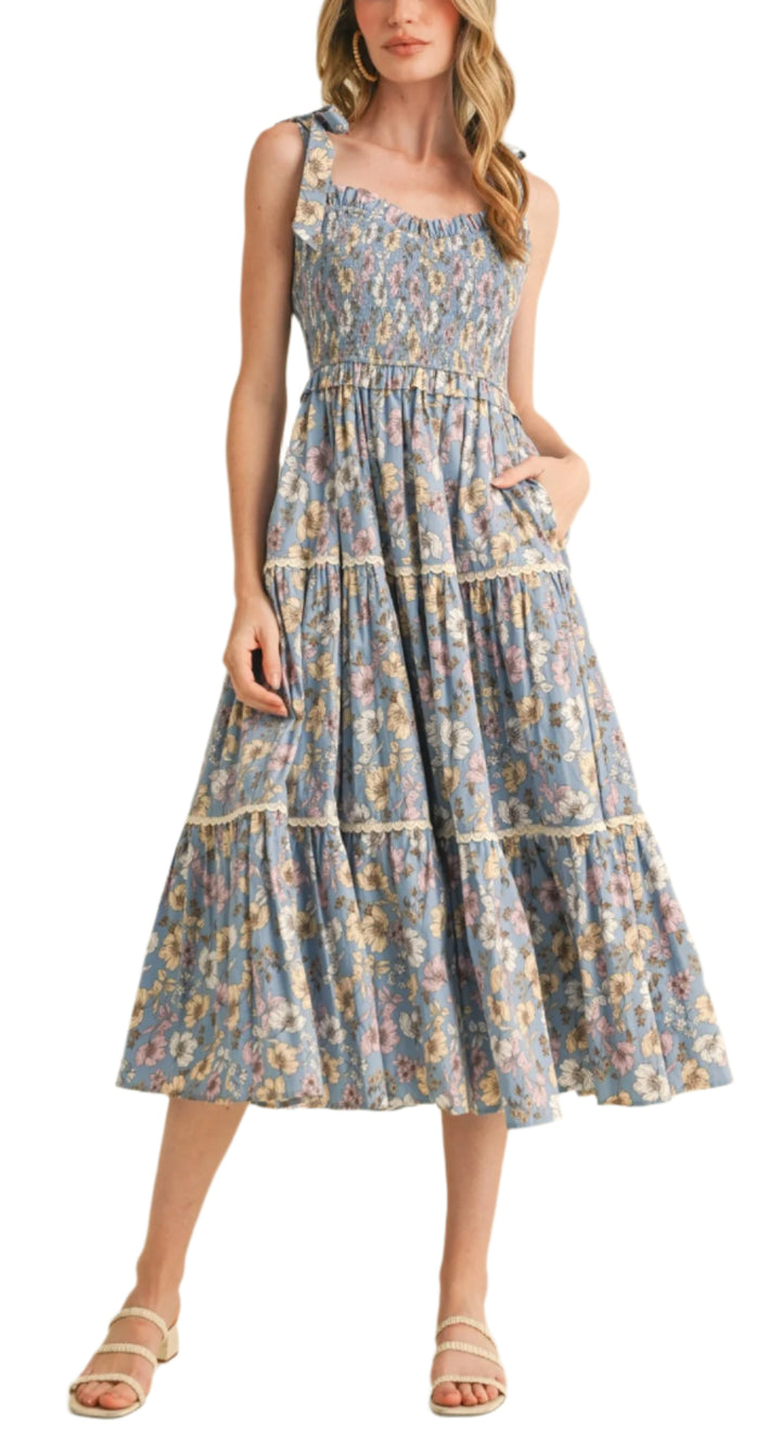 + Floral ruffled lace trim midi dress
+ &merci exclusive print
+ Smocked elastic bodice with ruffle hem
+ Ruffled sweetheart neckline
+ Wide tying straps