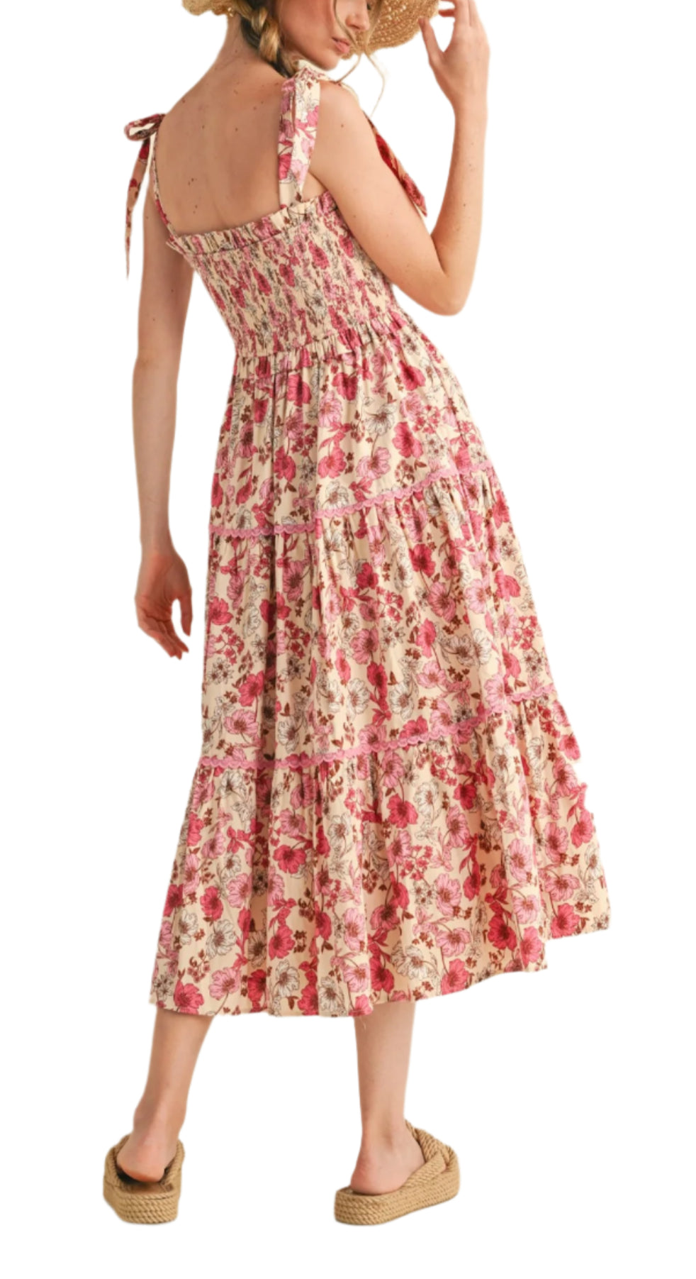 + Floral ruffled lace trim midi dress
+ &merci exclusive print
+ Smocked elastic bodice with ruffle hem
+ Ruffled sweetheart neckline
+ Wide tying straps