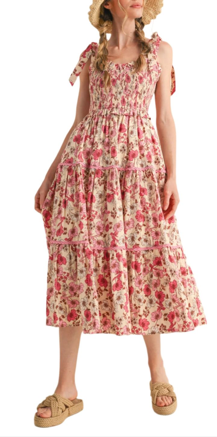 + Floral ruffled lace trim midi dress
+ &merci exclusive print
+ Smocked elastic bodice with ruffle hem
+ Ruffled sweetheart neckline
+ Wide tying straps