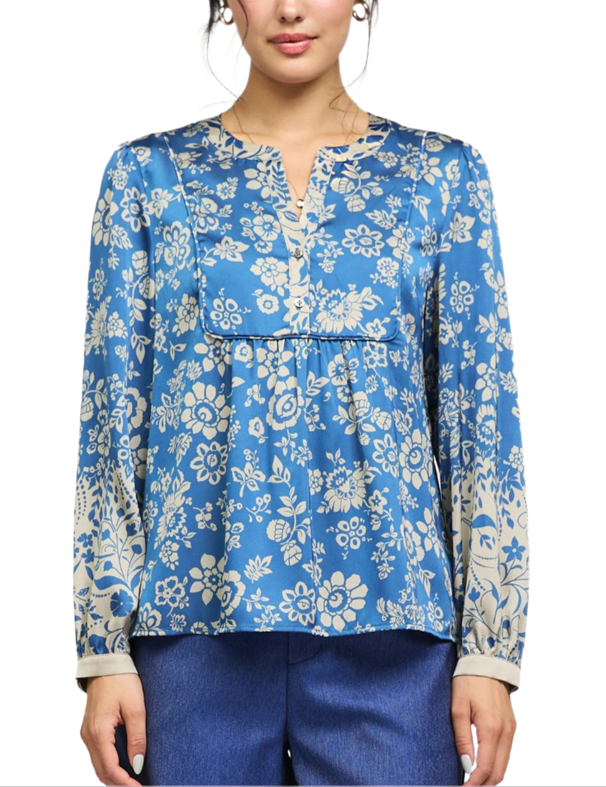 Long sleeve split neck border print blouse