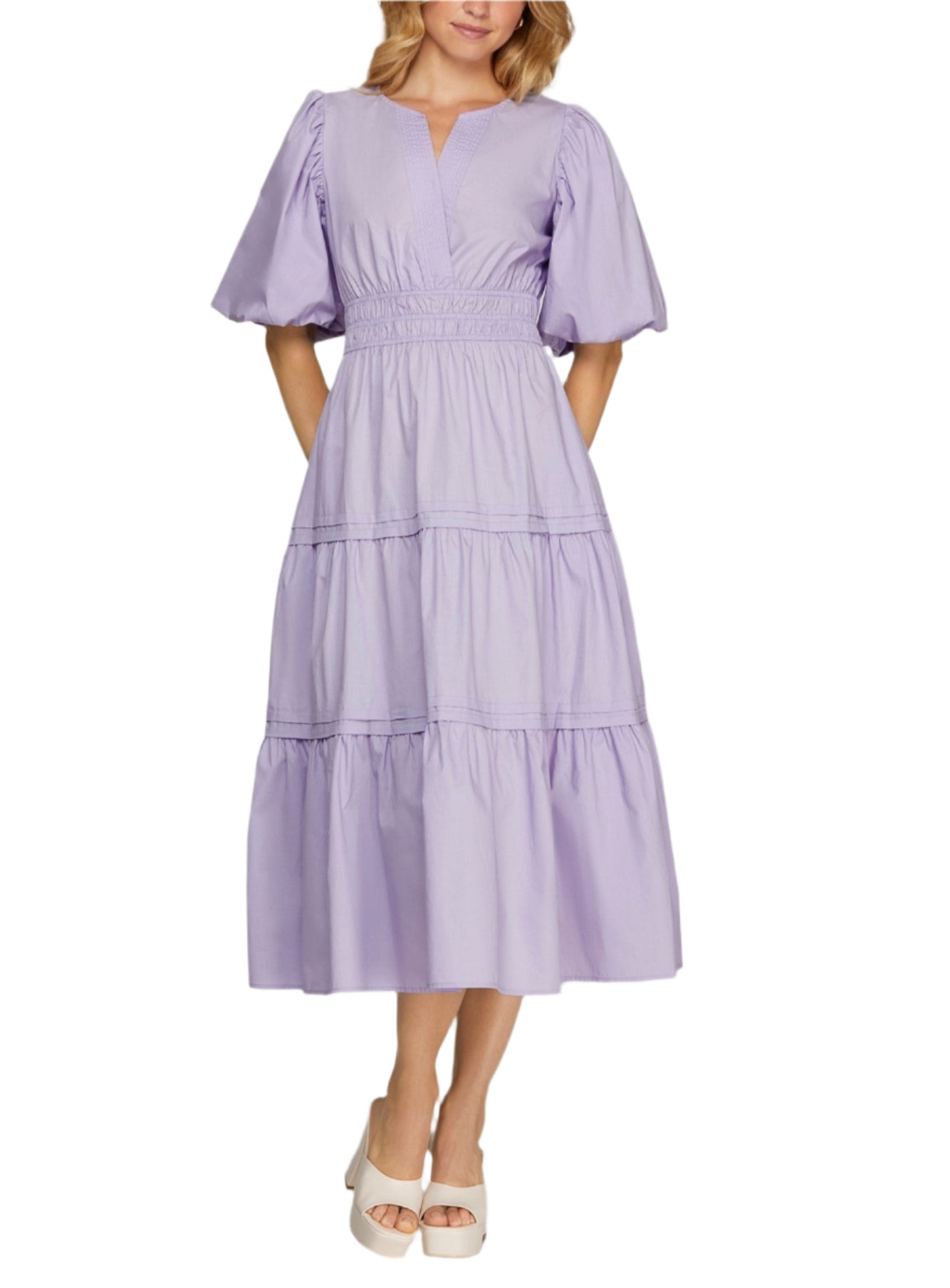 Balloon Half Sleeve, Poplin woven, V-neck tiered midi dress with pockets