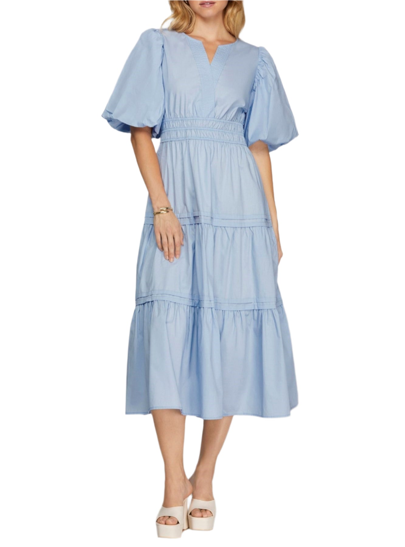 Balloon Half Sleeve, Poplin woven, V-neck tiered midi dress with pockets