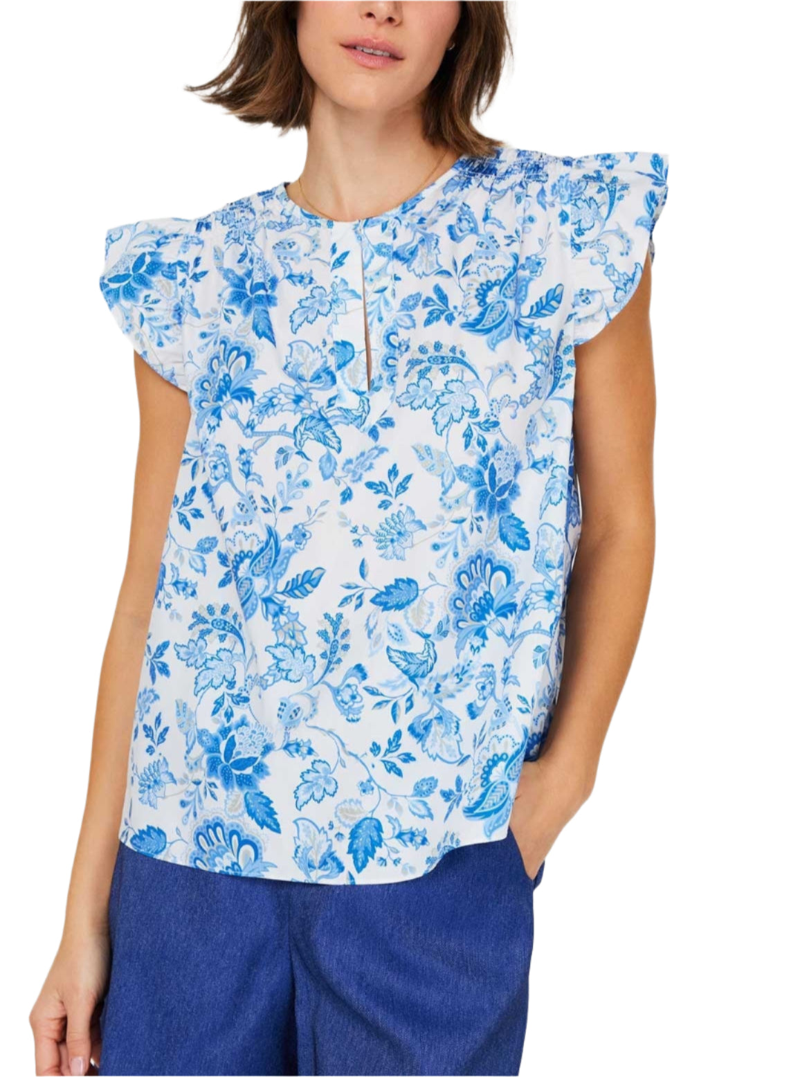 ROUND SPLIT NECK FLUTTER BLOUSE WITH SMOCKED DETAIL AT SHOULDER & BACK YOKE