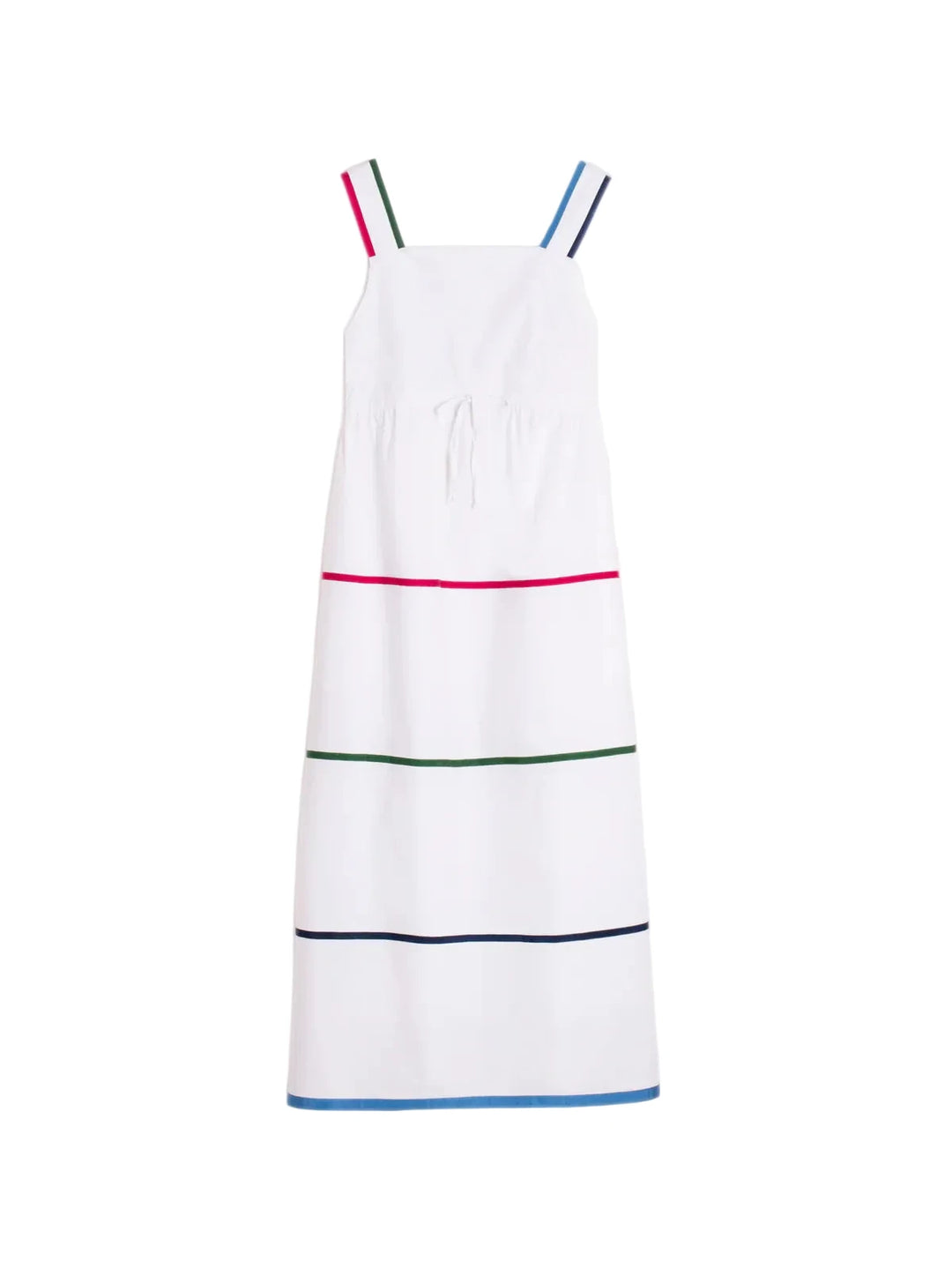 White dress with colorful straps on a white background