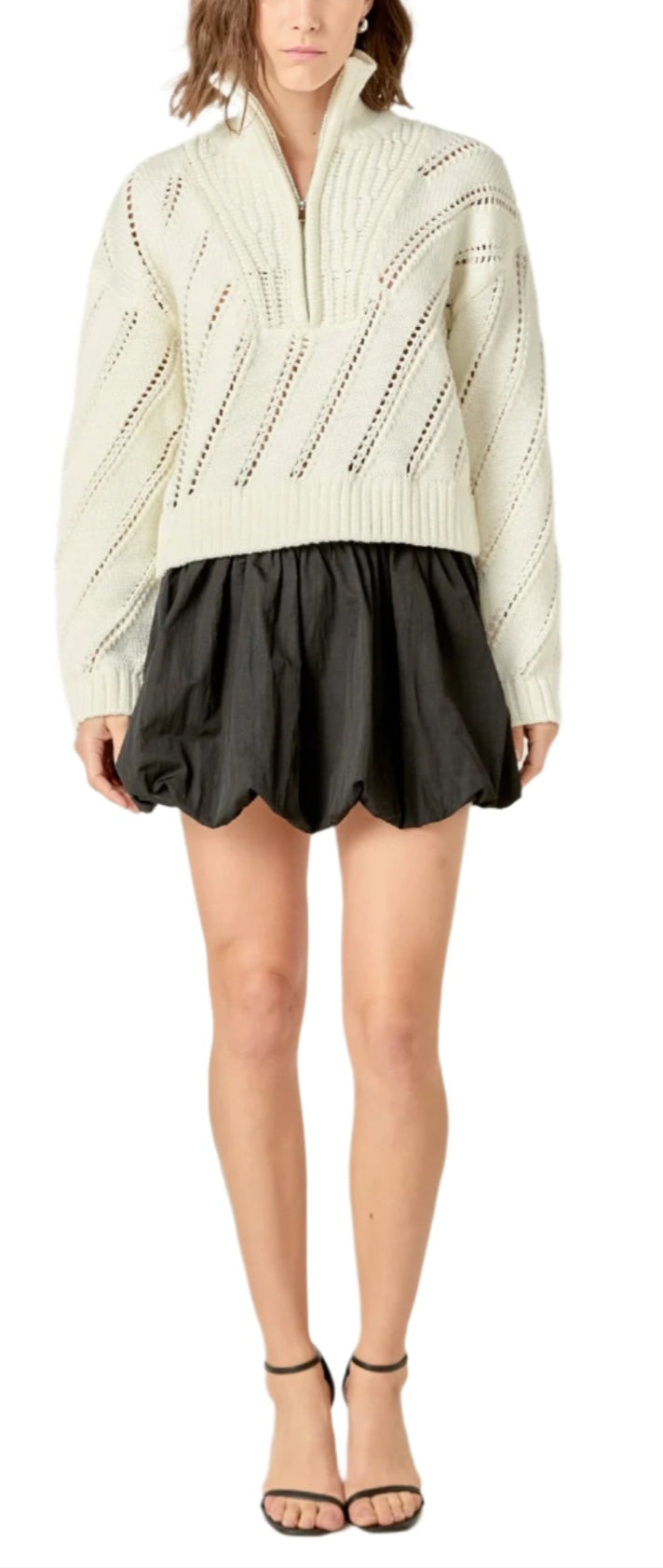 - Front zipper closure
- Long sleeve
- Cropped 
- Pullover

Total length: 19.5", Bust: 38.5"
Show More
Fabric Contents
- Shell: 65% Acrylic 35%Polyester
- Exclusive of Elastic