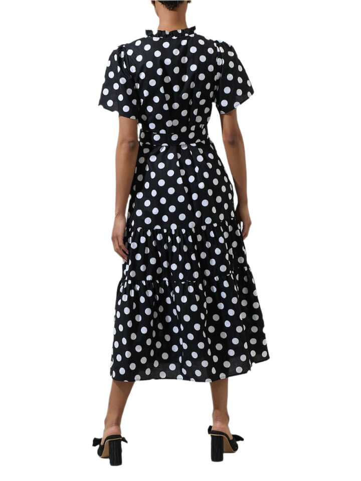 Your next go-to look starts with this effortlessly cute dress! This midi dress has short sleeves that frame a split neckline with ruffles around and a lower button up detail. Pair it with espadrille sandals and a straw tote for a fresh daytime vibe.