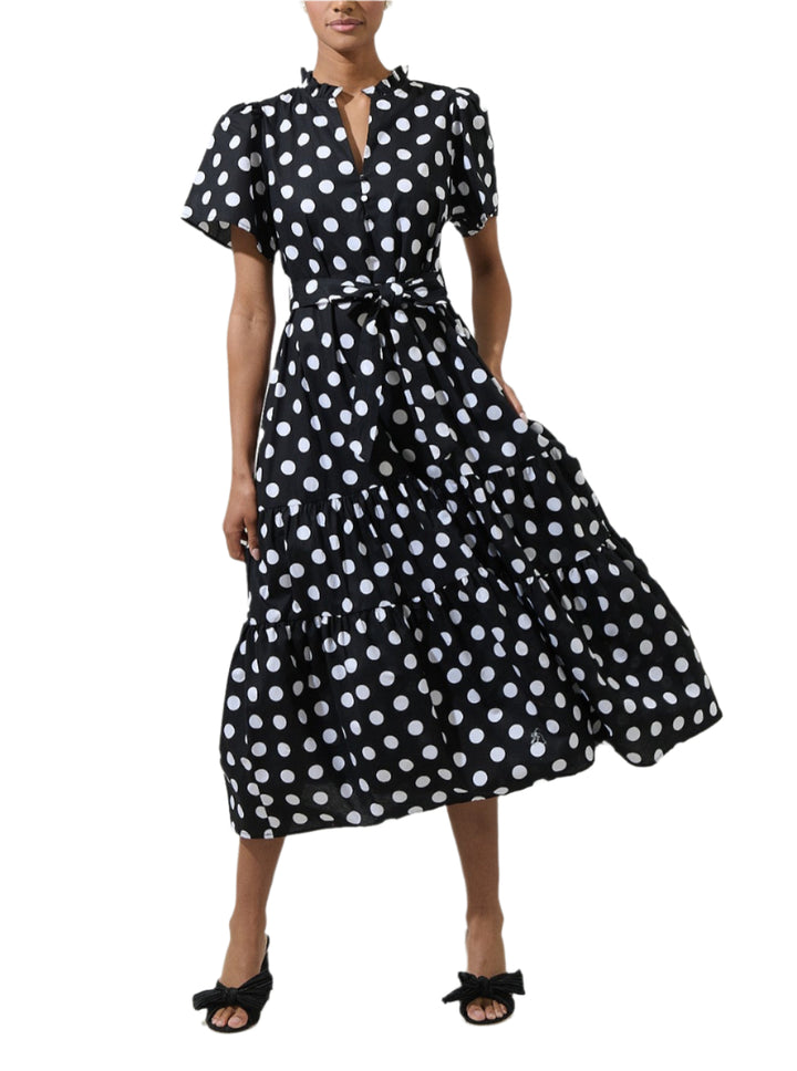 Your next go-to look starts with this effortlessly cute dress! This midi dress has short sleeves that frame a split neckline with ruffles around and a lower button up detail. Pair it with espadrille sandals and a straw tote for a fresh daytime vibe.