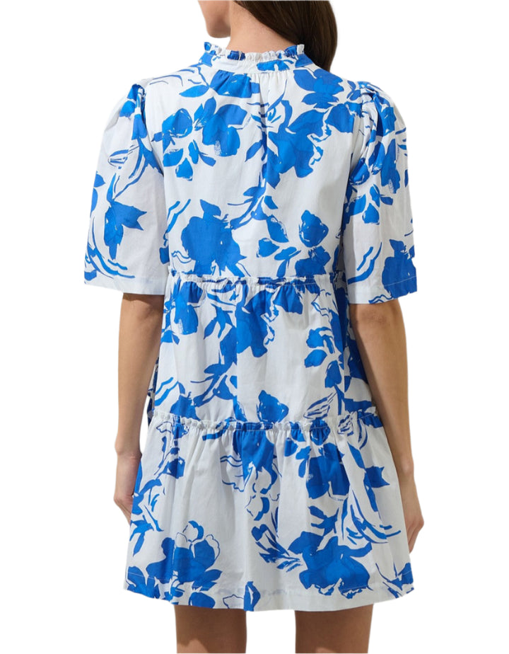 Feeling sweet and flirty. A blue and white print mixed with silhouette style motifs decorate a playful mini dress with a split neckline that's framed by gathered short sleeves. It maintains an A line frame with ruffle lined tiers. Add on heels or sandals for a complete look.