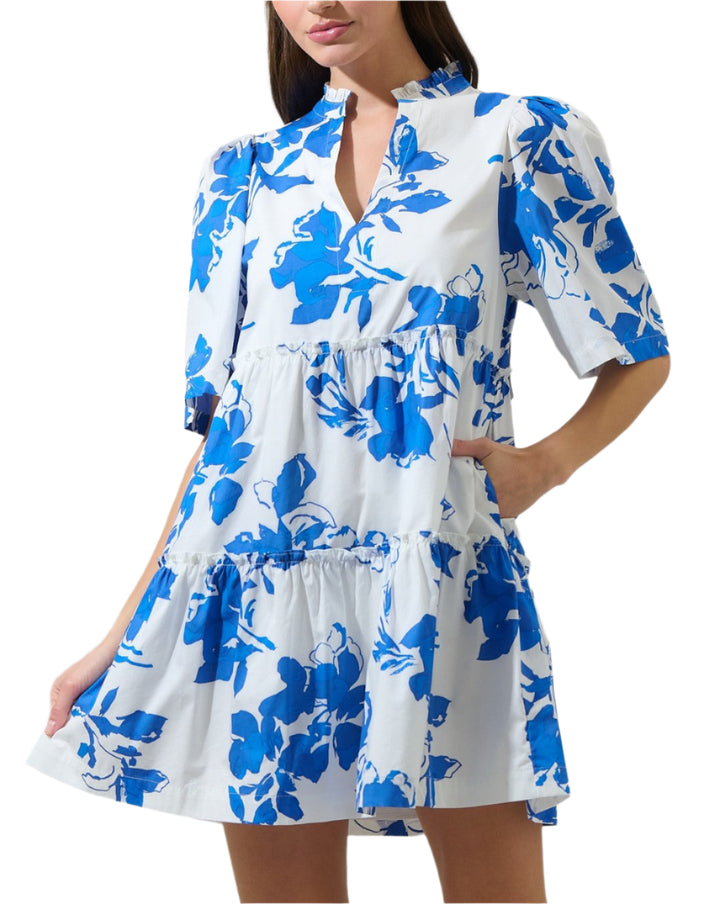 Feeling sweet and flirty. A blue and white print mixed with silhouette style motifs decorate a playful mini dress with a split neckline that's framed by gathered short sleeves. It maintains an A line frame with ruffle lined tiers. Add on heels or sandals for a complete look.
