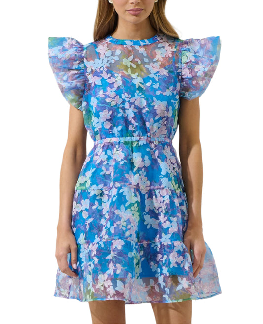 Bring all the drama and elegance to your next event with this show-stopping dress. Covered in a delicate floral pattern, it features tiered layers for volume and a keyhole detail for just the right hint of allure. Style it with nude heels and a pearl clutch for a picture-perfect finish.

Organza
Tiered
Lined
Cap sleeves -
Color: Cobalt Multi