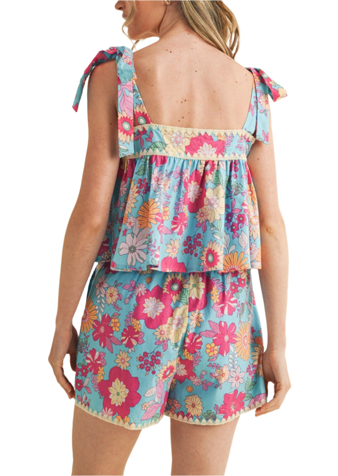 Tie Shoulder Babydoll Top And Shorts Set