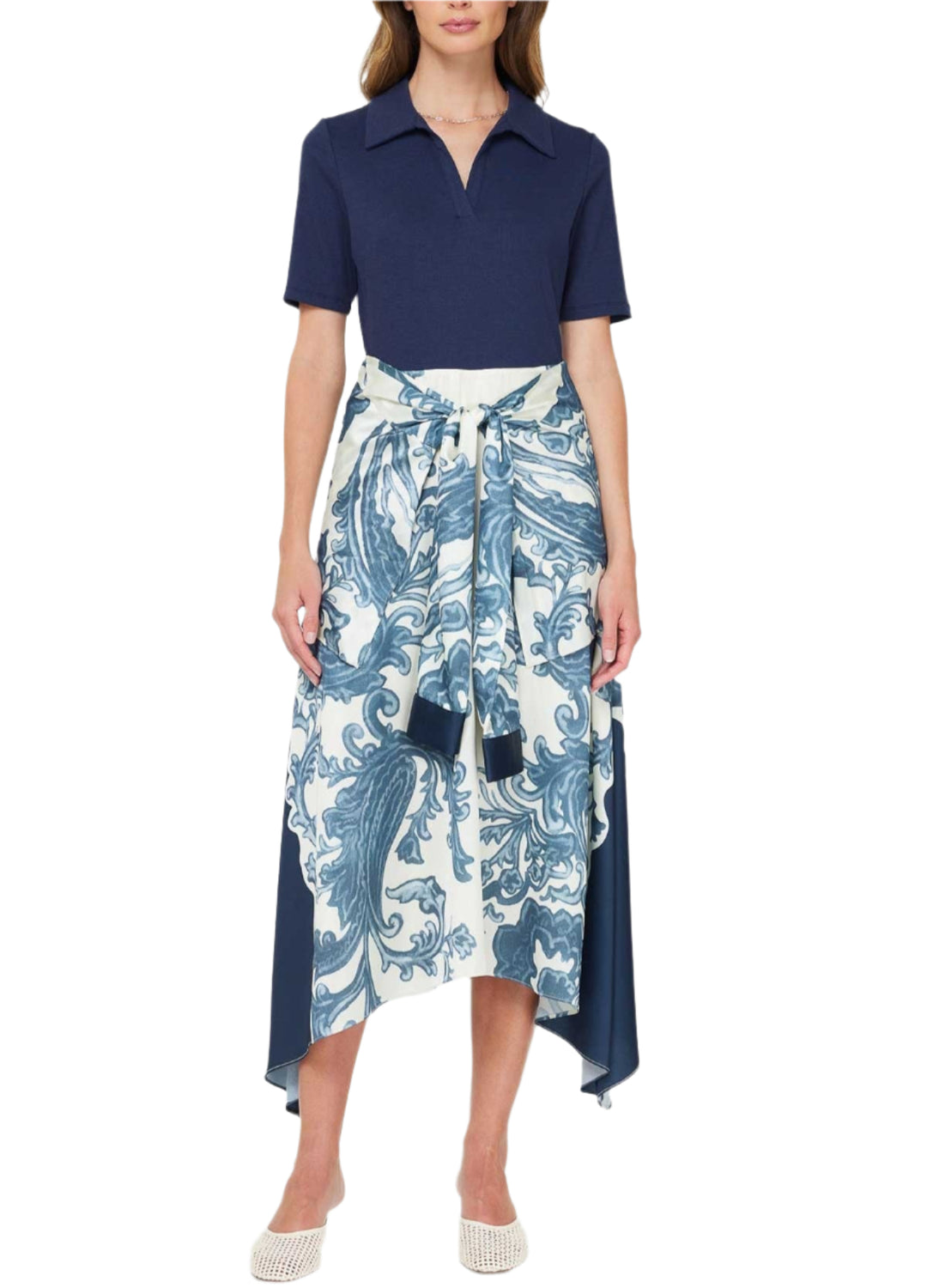 A stylish midi dress that blends comfort and creativity-complete with a faux-tie skirt design.
