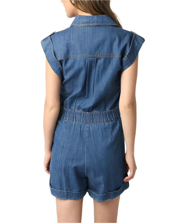 Our Dasha Denim Romper features a belted detail and a rolled up hem.