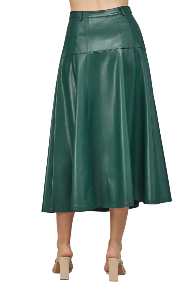 Step out in style with the Marley Hunter Green Leather Midi Skirt! This playful faux leather skirt features a chic button-front design that adds a fun twist to your outfit.