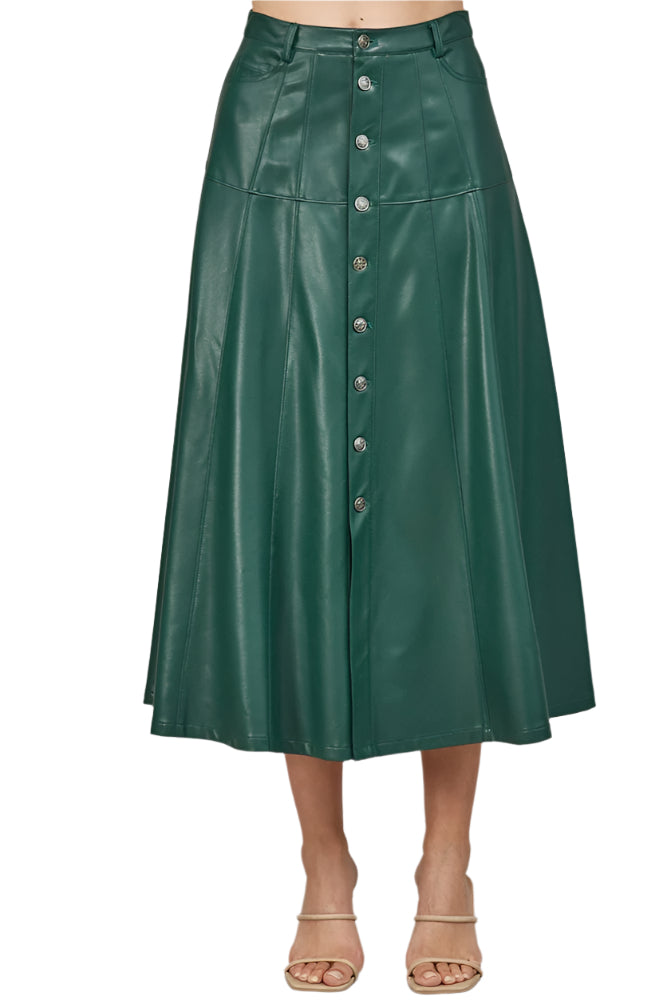Step out in style with the Marley Hunter Green Leather Midi Skirt! This playful faux leather skirt features a chic button-front design that adds a fun twist to your outfit.