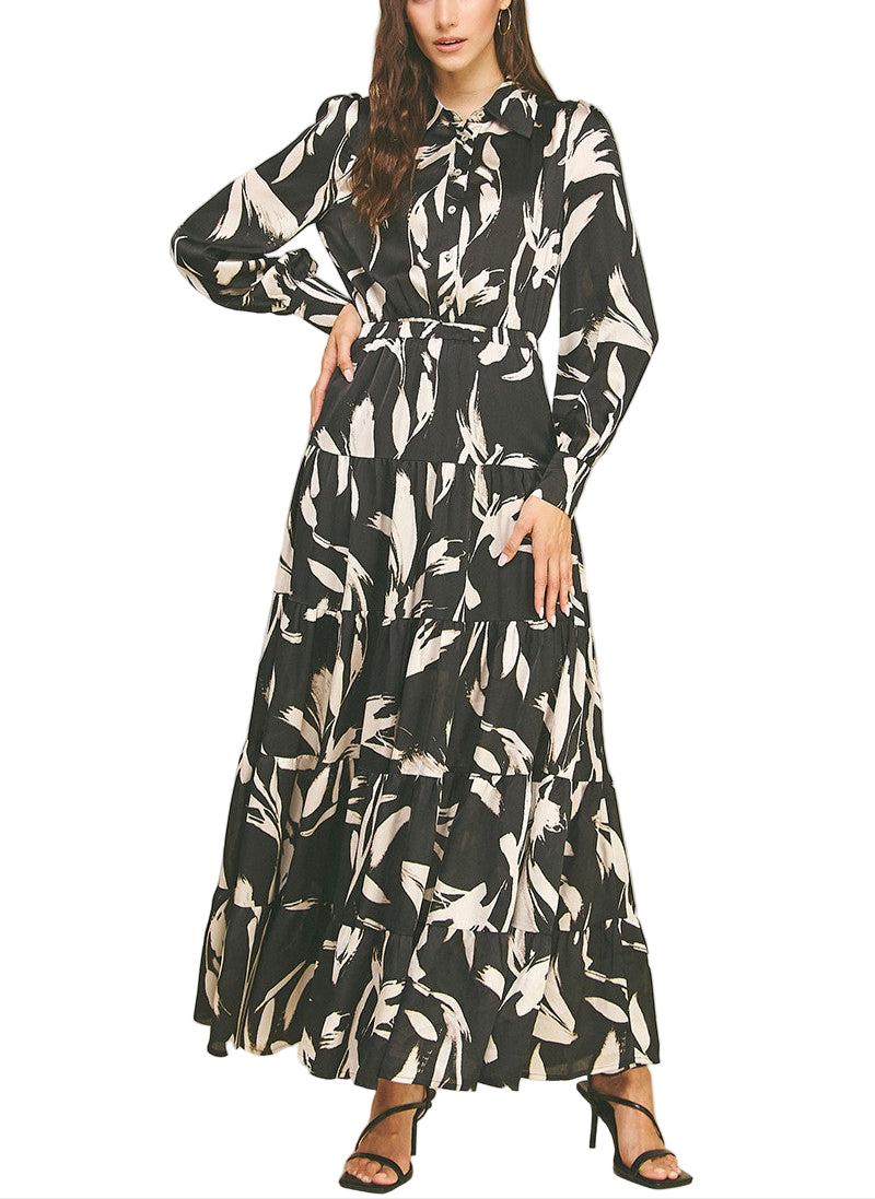 Tiered Long Sleeve Button Down Maxi Dress.