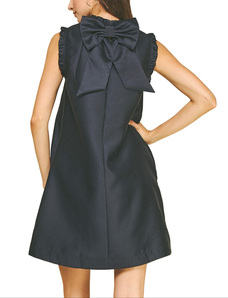 Ruffled Tunic Dress with Back Bow Detail in Navy.